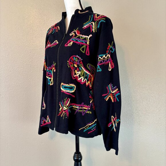 Adorable Abstract Line Art Horse and Lion Black Zipper Jacket Modern Women's L - Picture 6 of 11